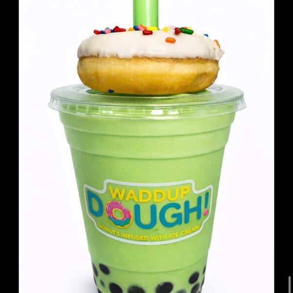 Honeydew boba shake with a white-frosted, sprinkle-covered donut on top, and a green straw.