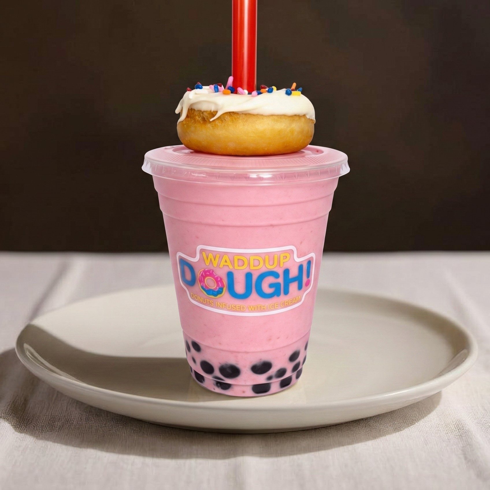 Strawberry Shake w/ Boba + Donut.