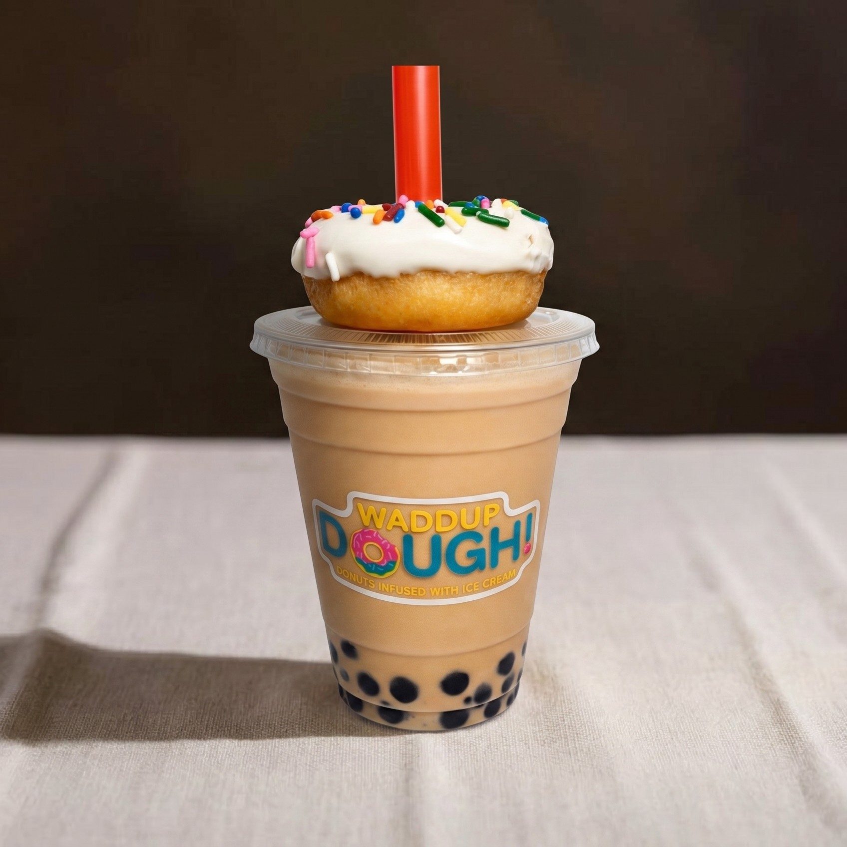 Black Milk Tea Shake w/ Boba + Donut.
